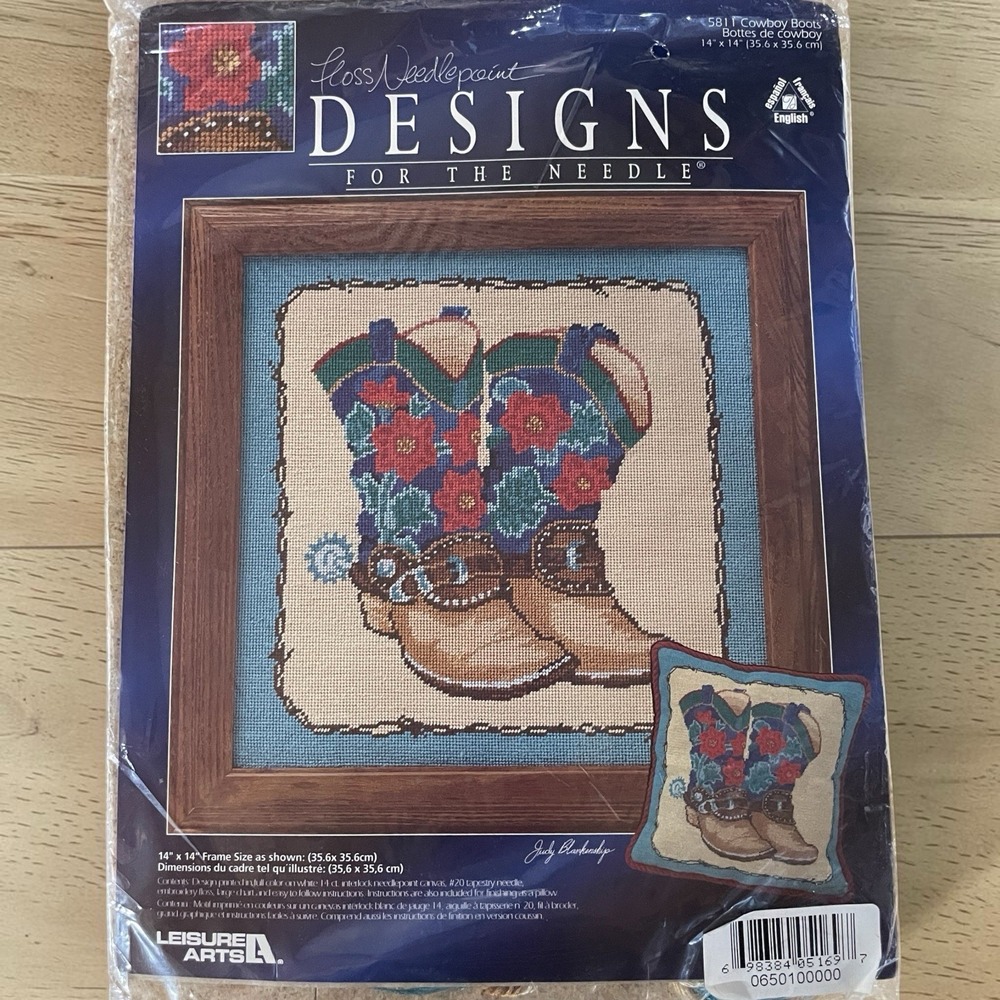 Leisure Arts #5811 Cowboy Boots Needlepoint Kit 14"x14" Western 90's New Sealed